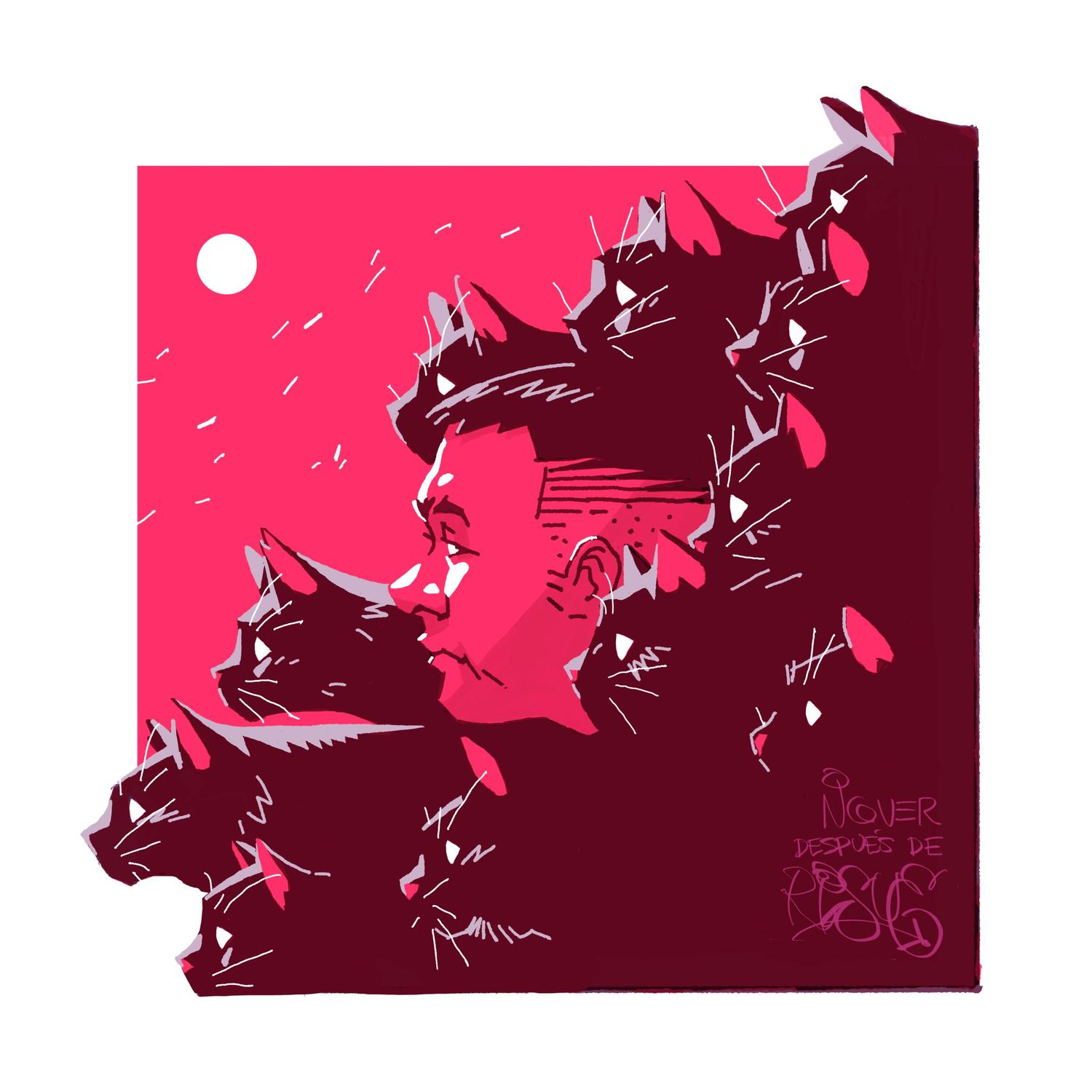 Retrato de perfil rodeado de gatos negros, bajo una luna