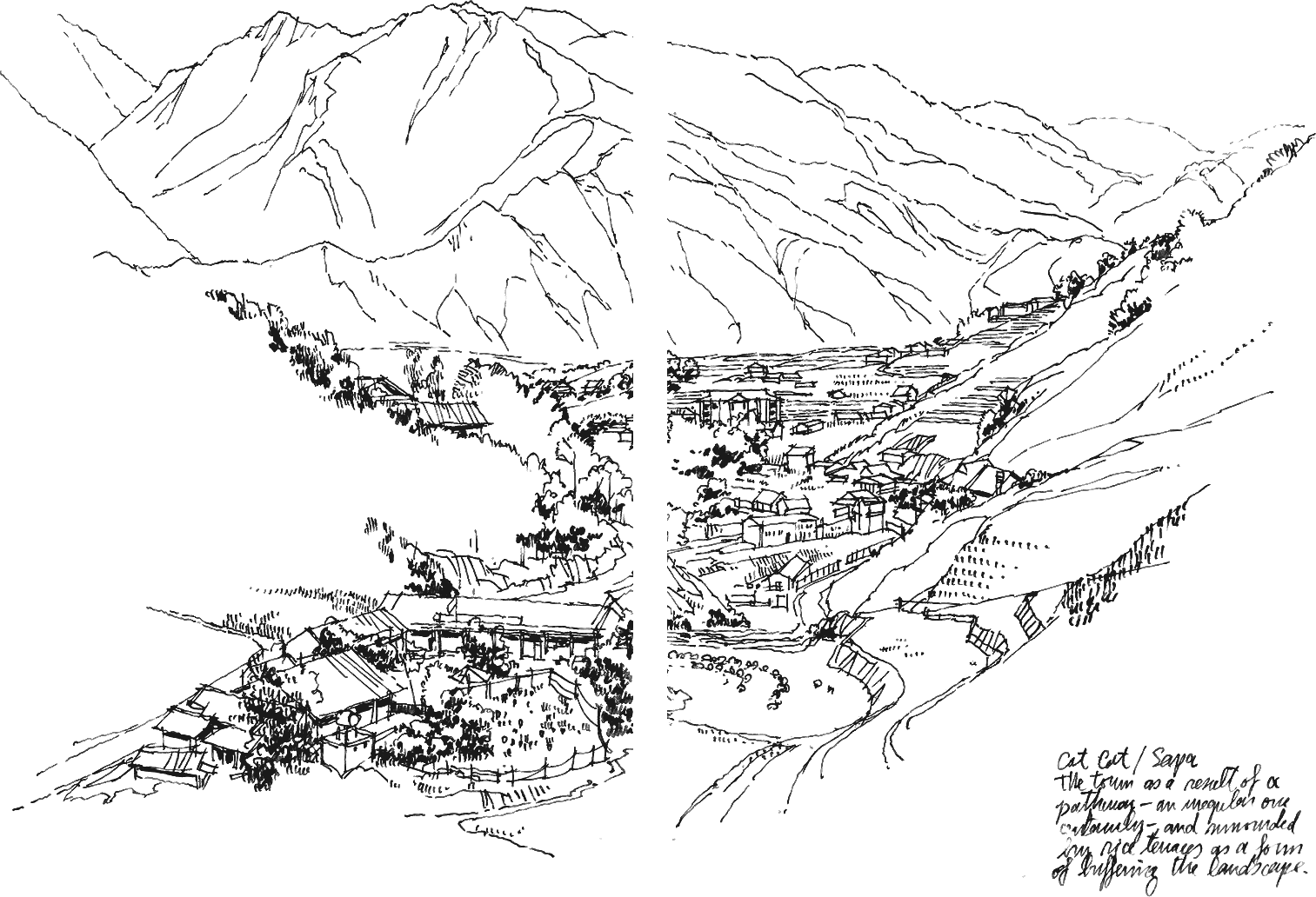 Croquis del valle de Cat Cat, con casas, terrazas de arroz y montañas