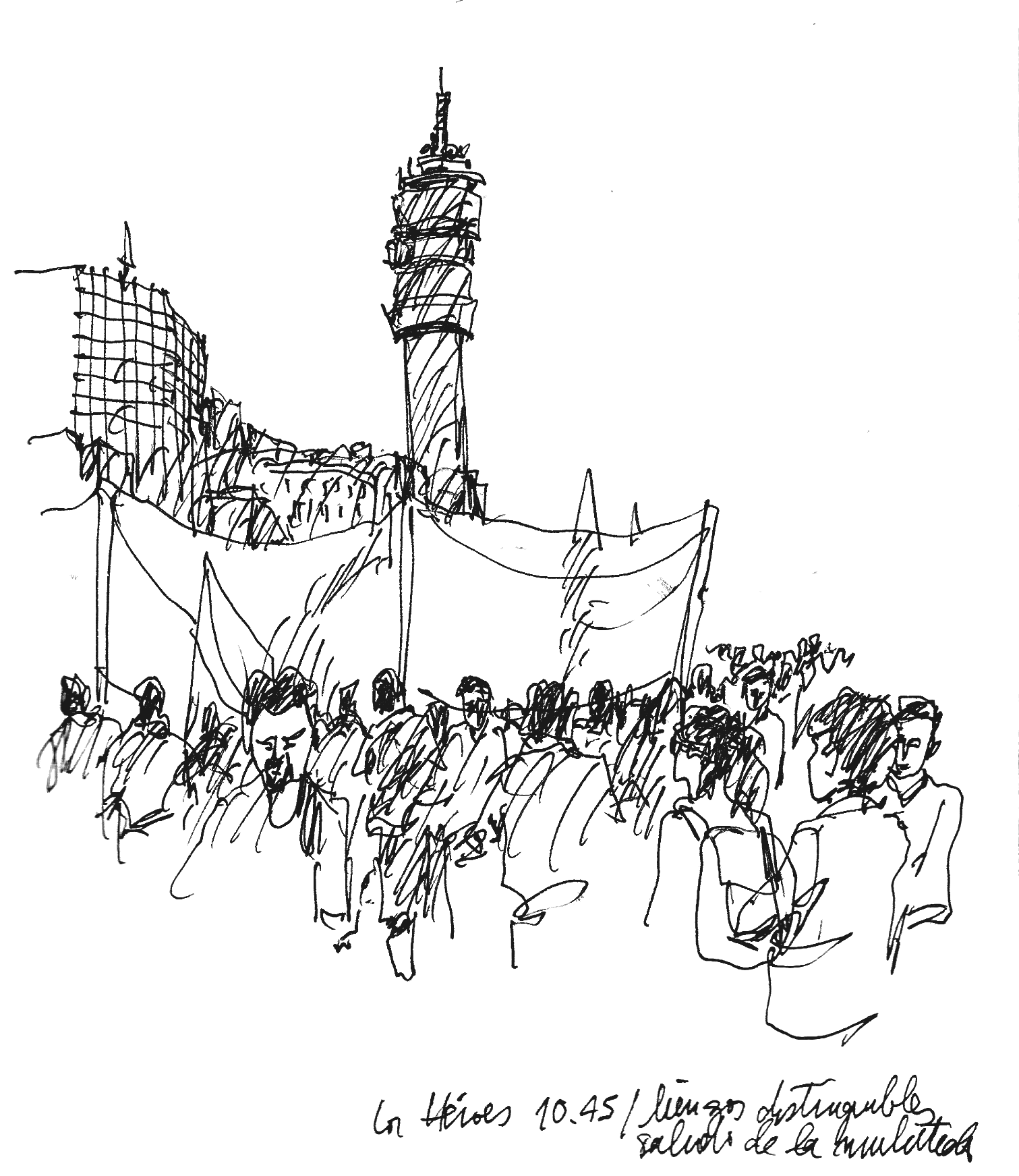 Croquis: lienzos y multitud bajo la Torre Entel, en Los Héroes