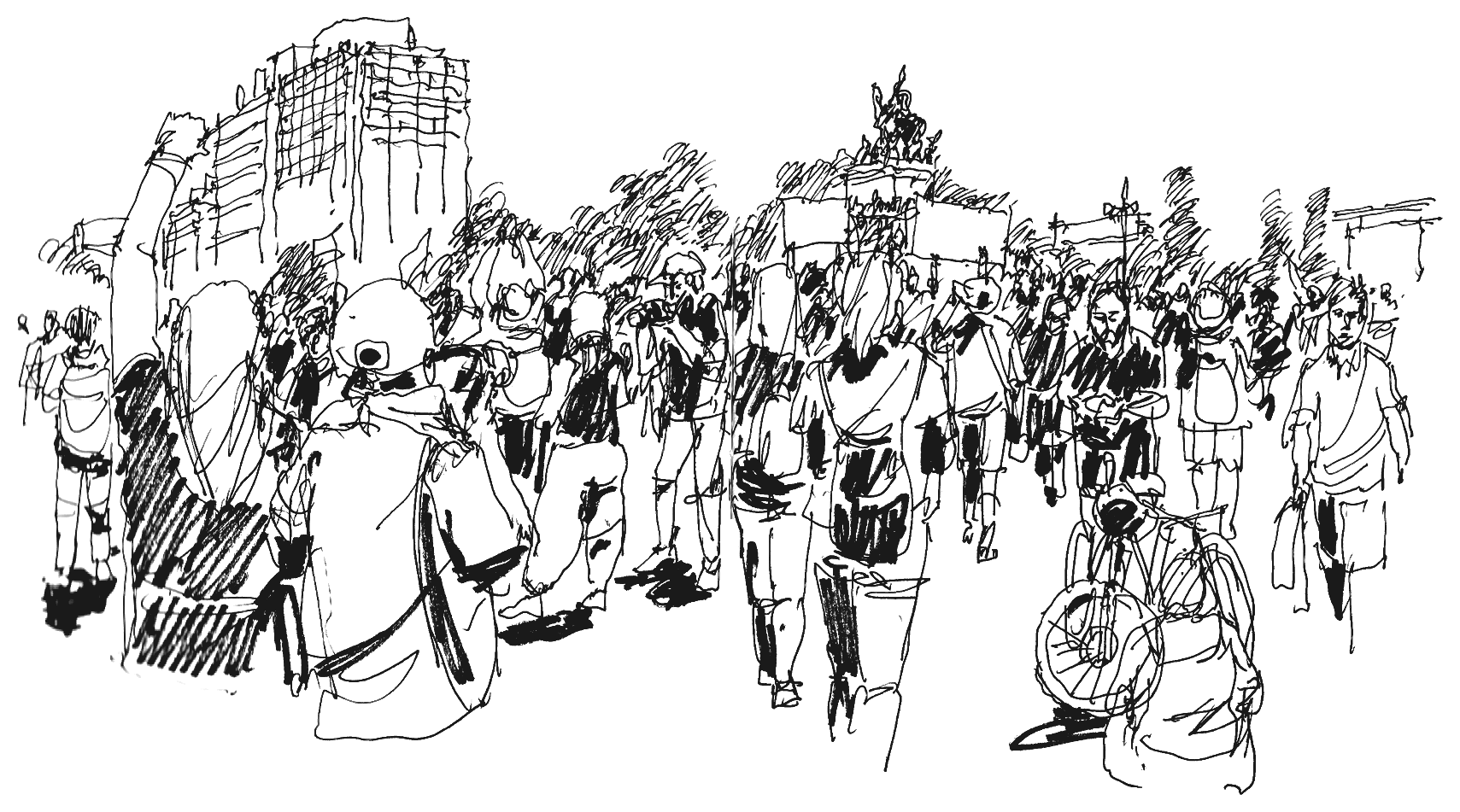 Croquis a tinta de una marcha en Plaza Dignidad, Santiago, 2019