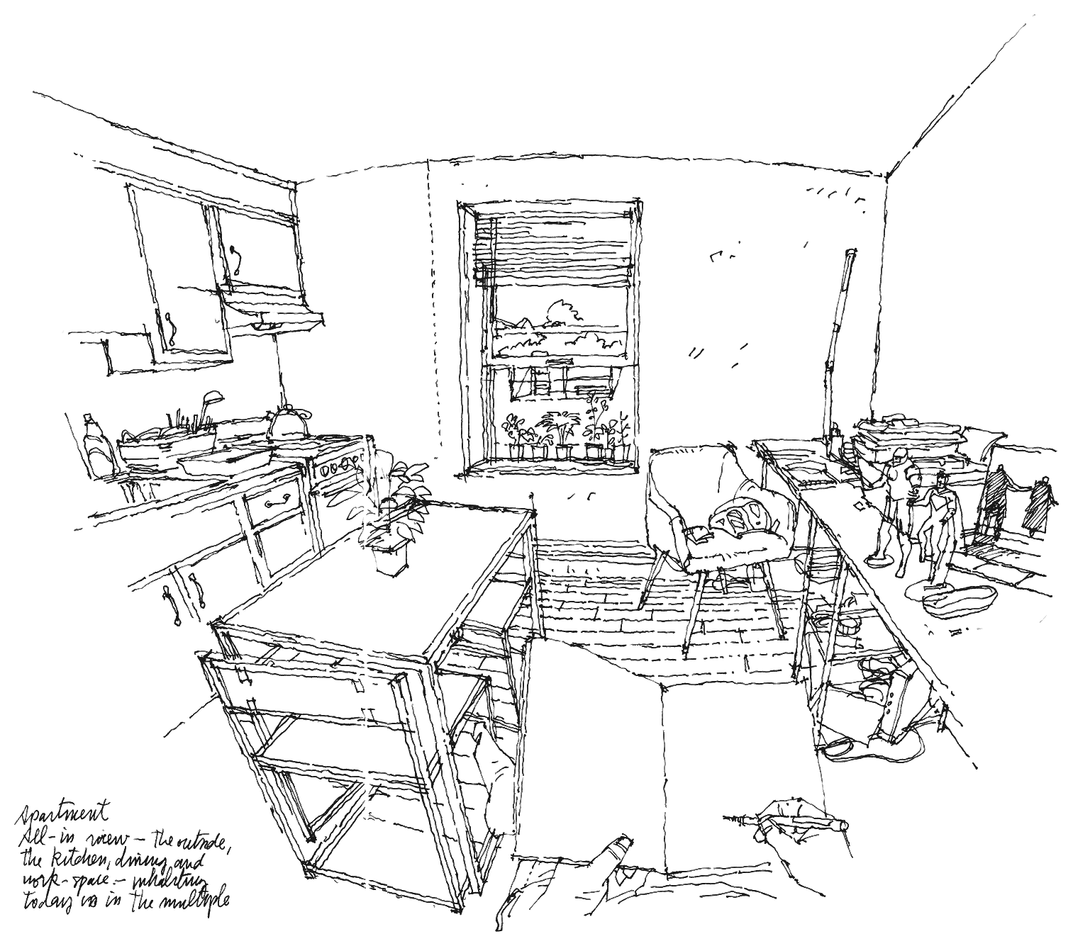 Croquis del interior de un departamento: cocina, comedor, escritorio y ventana