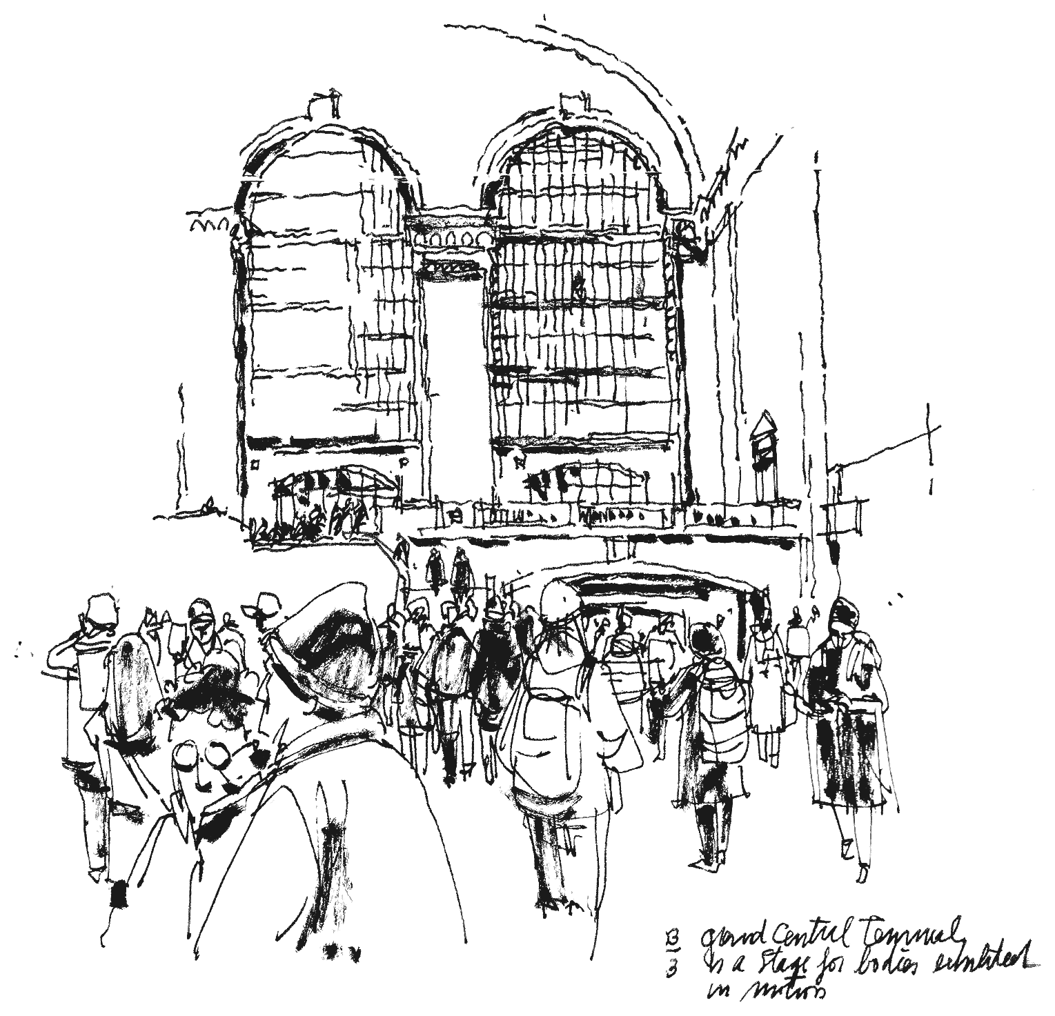Croquis de Grand Central Terminal con una multitud en movimiento