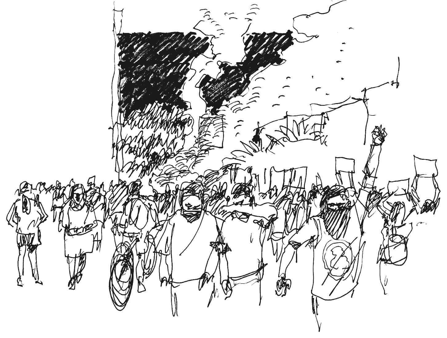 Croquis de manifestantes con carteles y bicicletas