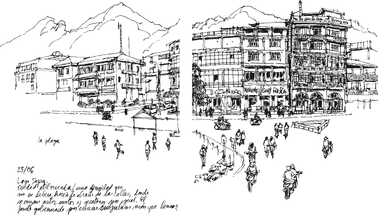 Croquis de la plaza de Sa Pa, con edificios, motos y montañas al fondo