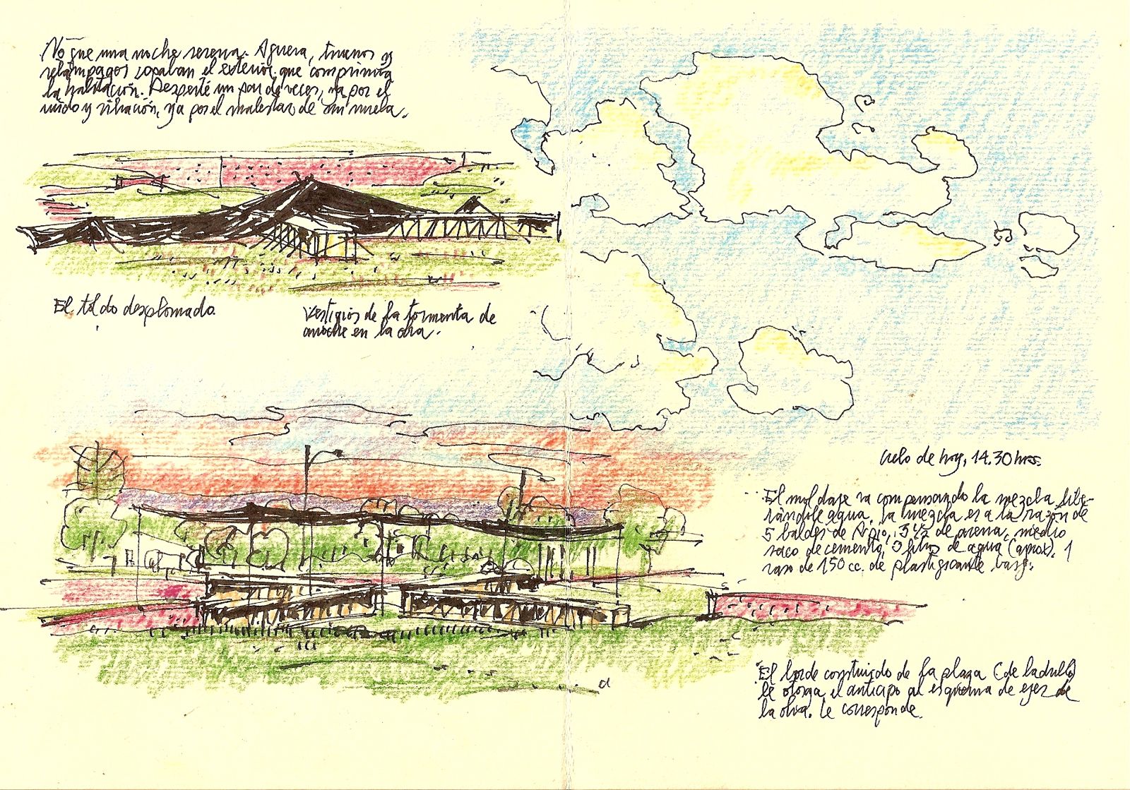 Página de cuaderno con acuarelas de paisaje y notas manuscritas